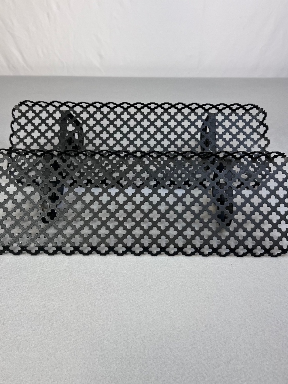 MCM Black Metal Wall Shelf Clover Leaf Lattice Pattern Scalloped Edges Set of 2